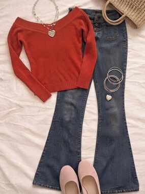 Off-the-Shoulder Ribbed Sweater in Rust - Women's Stylish Knit